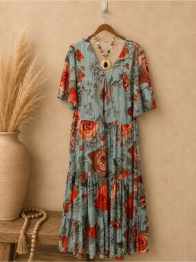 Soft Surroundings - Floral V-Neck Midi or Maxi Dress in Sage Green and Red
